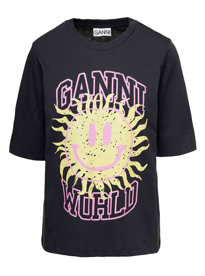 Black Crewneck T-Shirt With Sun Logo Print Cotton Jersey Woman Ganni Organic Tshirts And Polo Shirts