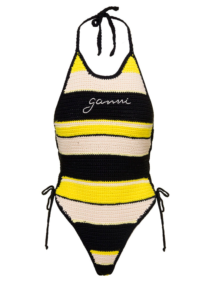 Multicolor Striped Swimsuit With Embroidered Logo Cotton Crochet Woman Ganni Organic Beachwear