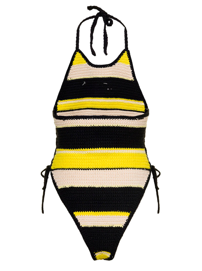 Multicolor Striped Swimsuit With Embroidered Logo Cotton Crochet Woman Ganni Organic Beachwear