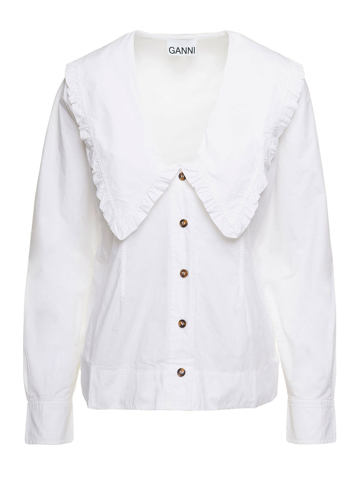 White V Neck Shirt With Peter Pan Collar Cotton Woman Ganni Organic And Blouses
