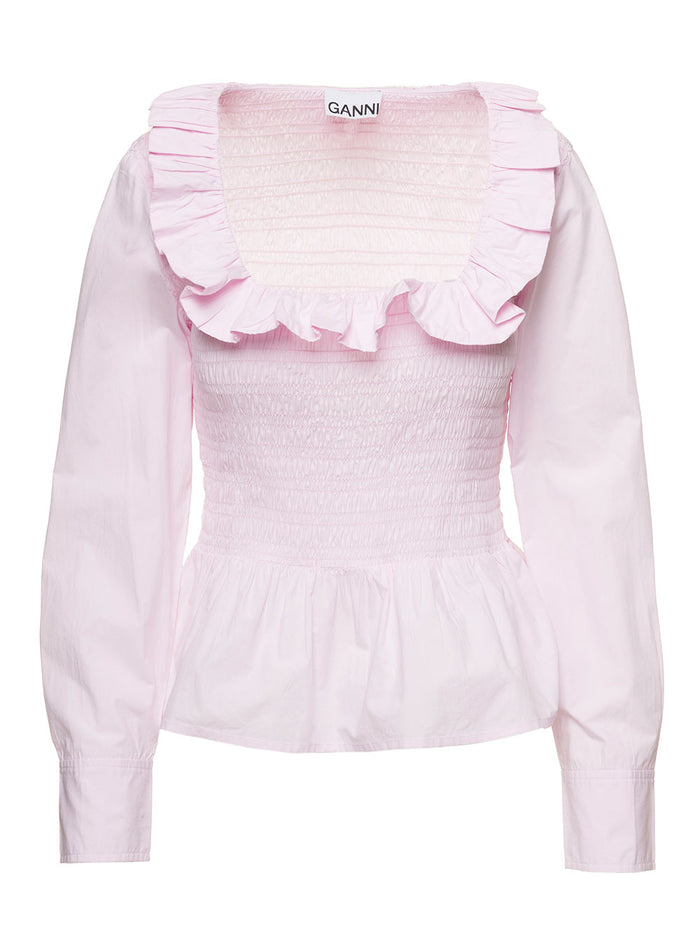 Light Pink Open-Neck Blouse With Ruffles Cotton Woman Ganni Organic Shirts And Blouses