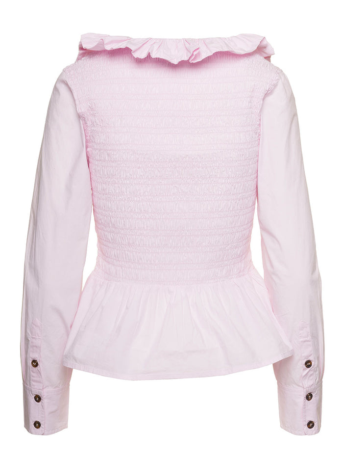 Light Pink Open-Neck Blouse With Ruffles Cotton Woman Ganni Organic Shirts And Blouses