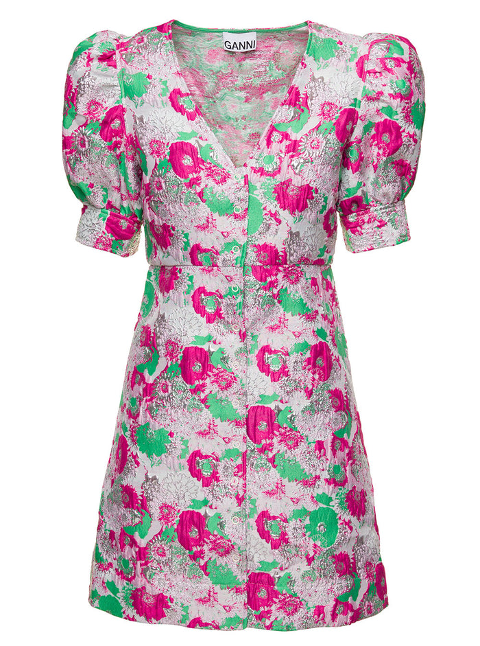 Multicolor Button Down Mini Dress With 3d Jacquard Floreal Motif Recycled Polyester Woman Ganni