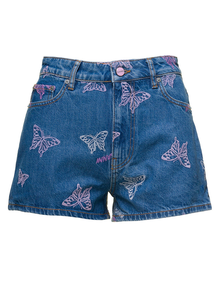 Blue High-Waisted Shorts With Butterfly Embroidery Cotton Denim Woman Ganni Blu Organic And Bermuda