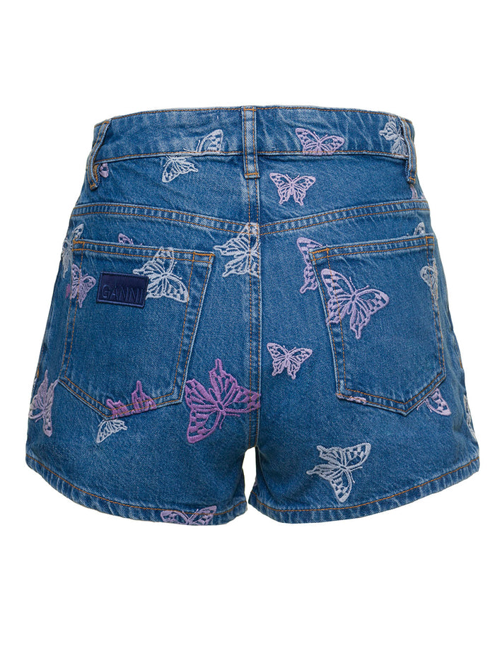Blue High-Waisted Shorts With Butterfly Embroidery Cotton Denim Woman Ganni Blu Organic And Bermuda