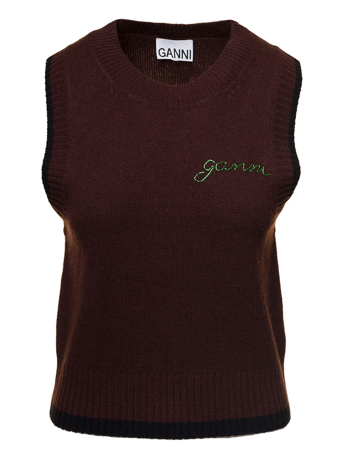 Brown Vest With Contrasting Embroidered Logo Wool And Cashmere Woman Ganni Merino Blazers