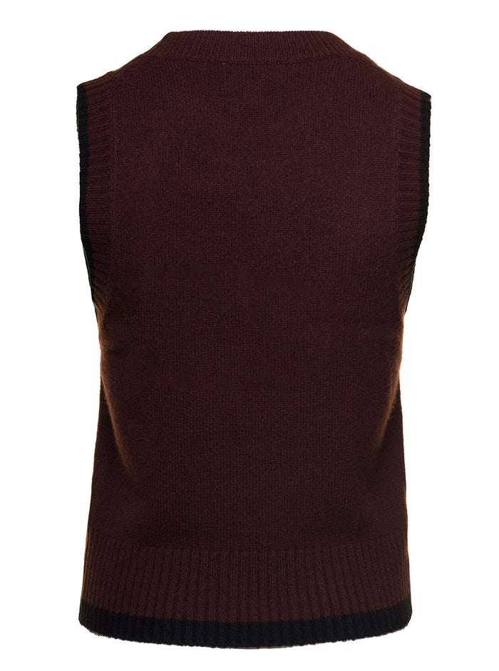 Brown Vest With Contrasting Embroidered Logo Wool And Cashmere Woman Ganni Merino Blazers