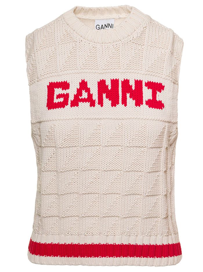 White And Red Intarsia Knit Vest With Logo Cotton Polyamide Woman Ganni Org Blazers
