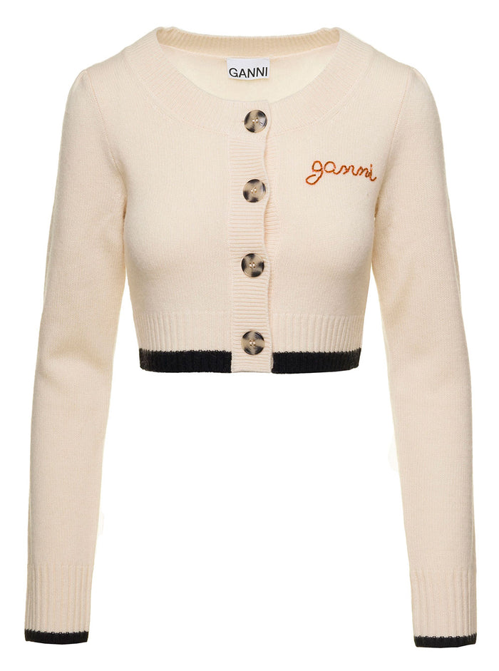 White Cropped Cardigan With Embroidered Logo And Oversize Buttons Wool Cashmere Woman Ganni Beige Merino Jersey