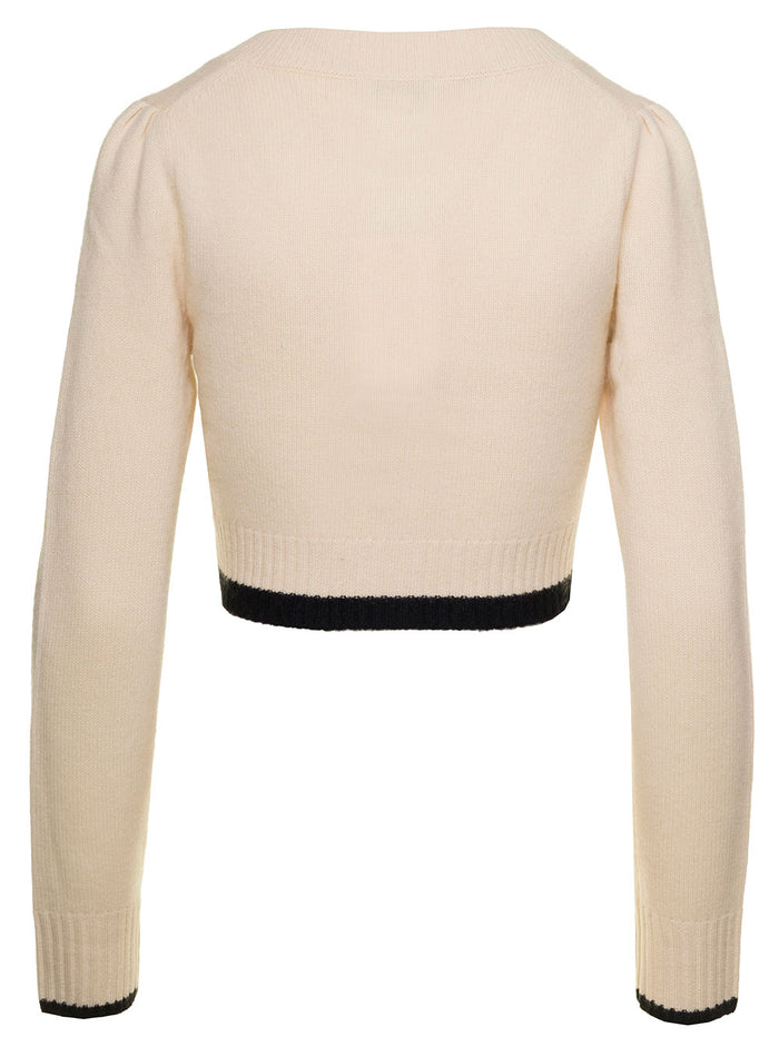 White Cropped Cardigan With Embroidered Logo And Oversize Buttons Wool Cashmere Woman Ganni Beige Merino Jersey