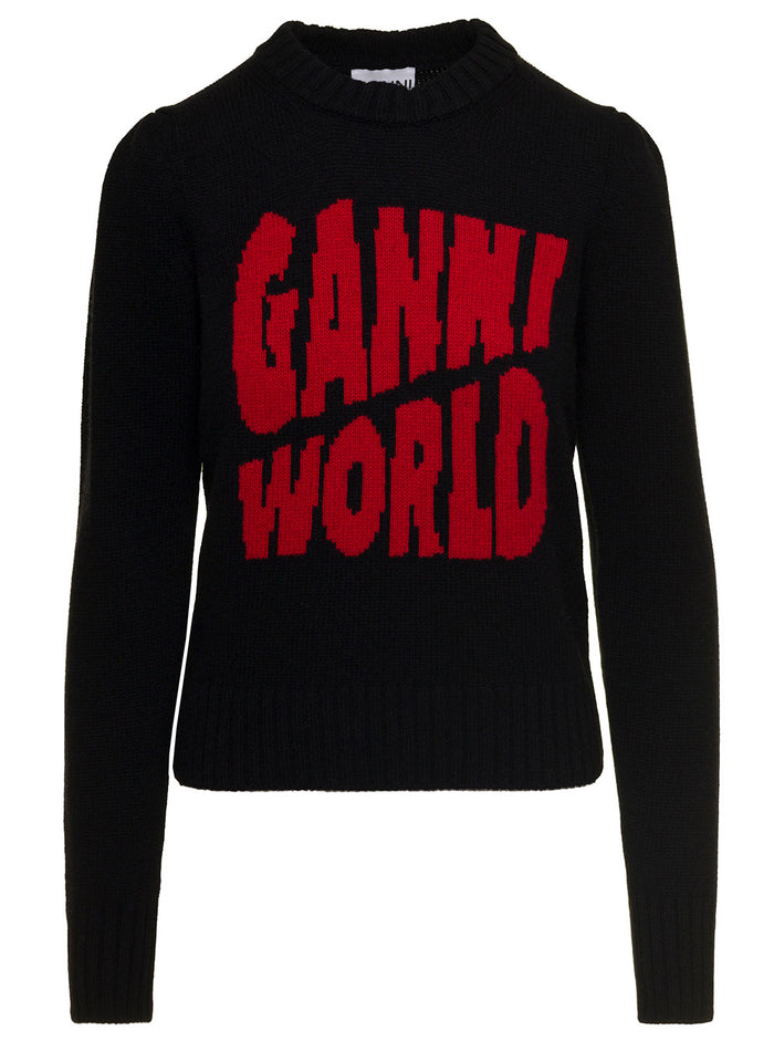 Black Crewneck Sweater With Jacquard Logo Wool Blend Woman Ganni Jersey
