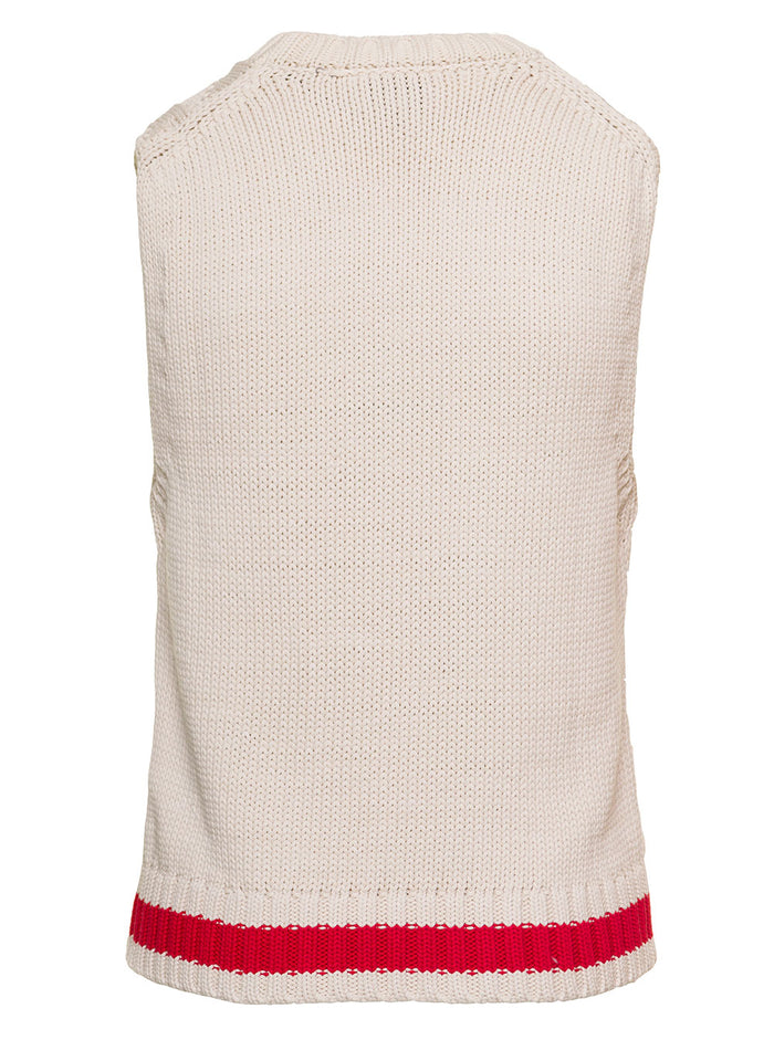 White And Red Intarsia Knit Vest With Logo Cotton Polyamide Woman Ganni Org Blazers
