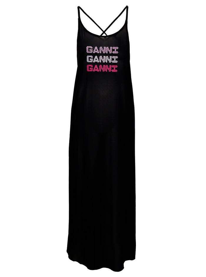 Black Long Cover-Up Dress With Criss-Cross Straps Recycled Nylon Woman Ganni Spandex
