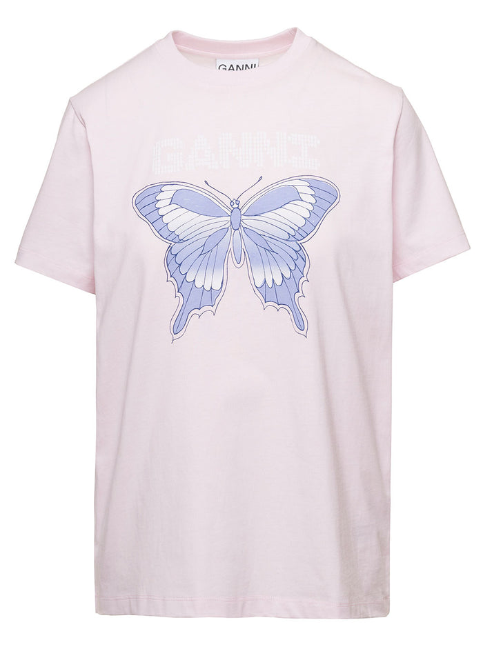 Light Pink Relaxed T-Shirt With Butterfly Print Cotton Jersey Woman Ganni Organic Tshirts And Polo Shirts