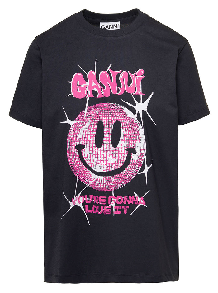 Black Relaxed T-Shirt With Graphic Print Cotton Jersey Woman Ganni Organic Tshirts And Polo Shirts