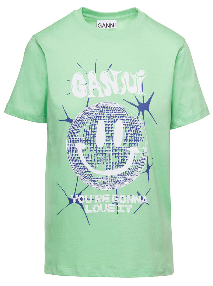 Mint Green Relaxed T-Shirt With Graphic Print Cotton Jersey Woman Ganni Organic Tshirts And Polo Shirts