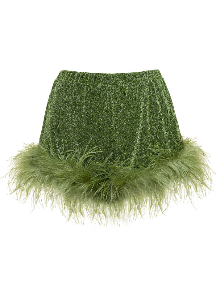 Lumière Green Loose Shorts With Feather Trim Lurex Woman Oséree Polyamide Metallic And Bermuda