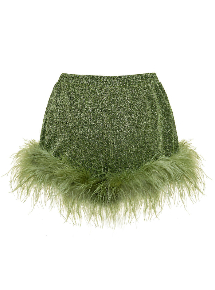 Lumière Green Loose Shorts With Feather Trim Lurex Woman Oséree Polyamide Metallic And Bermuda