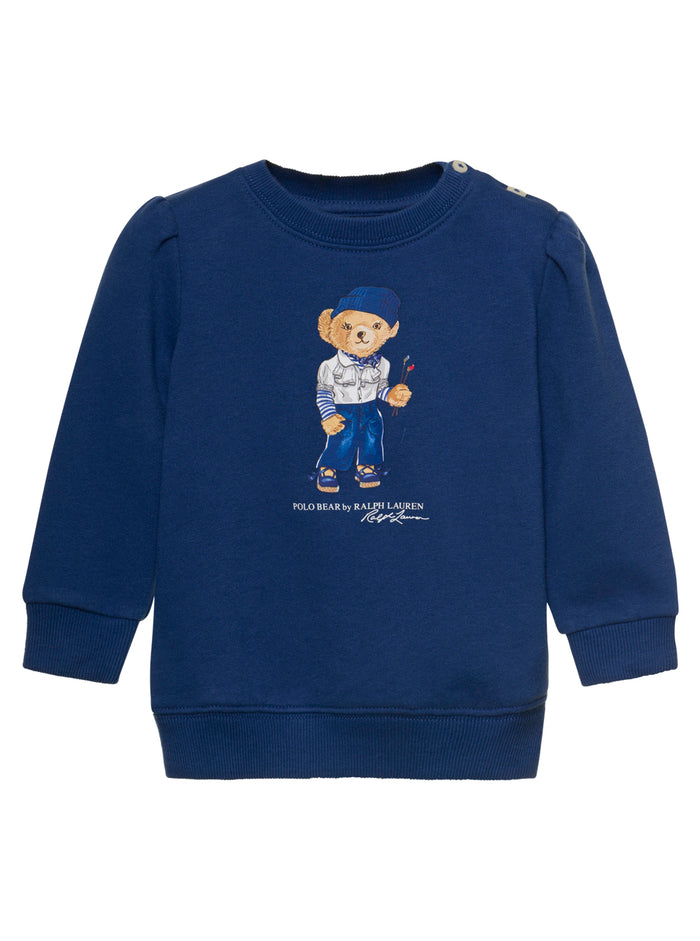 Blue Crewneck Sweatshirt With Teddy Bear Print Cotton Blend Baby Blu Polyester Jersey