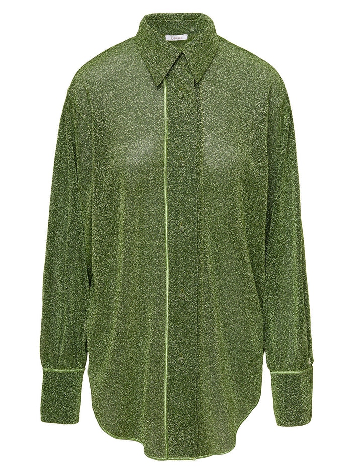 Lumière Relaxed Green Shirt With Buttons Lurex Woman Oséree Polyamide Metallic And Blouses