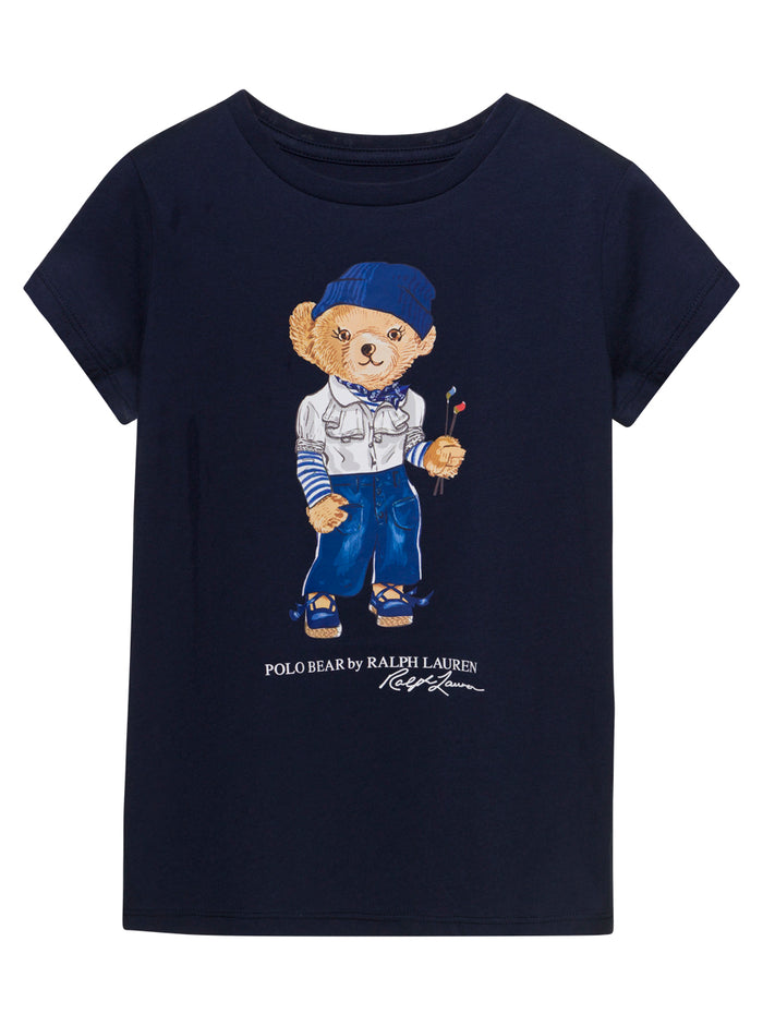 Blue Crewneck T-Shirt With Teddy Bear Print Cotton Girl Blu Tshirts And Polo Shirts