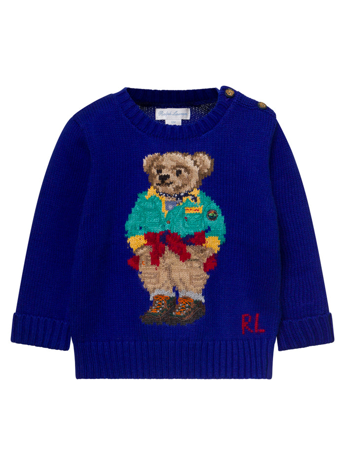 Blue Sweater With Intarsia Teddy Bear Cotton And Wool Baby Blu Other Fiber Jersey