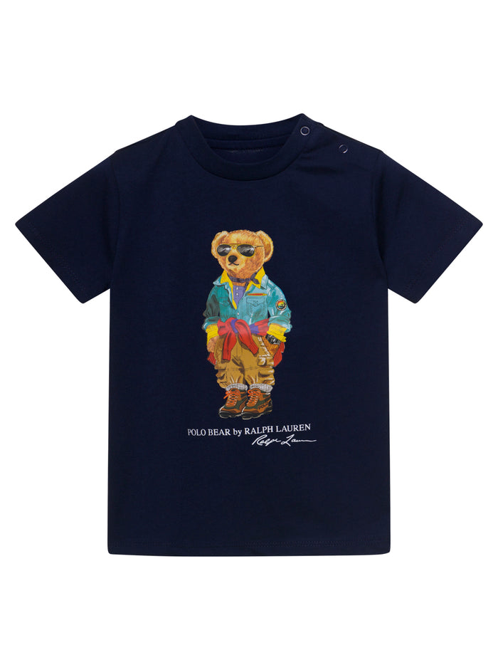 Blue Crewneck T-Shirt With Teddy Bear Print Cotton Boy Blu Tshirts And Polo Shirts