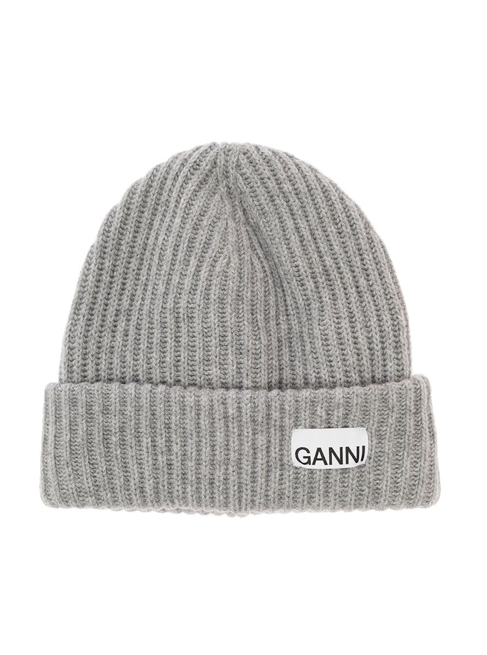 Grey Fisherman Rib Beanie With Logo Patch Wool Blend Woman Hats And Gloves