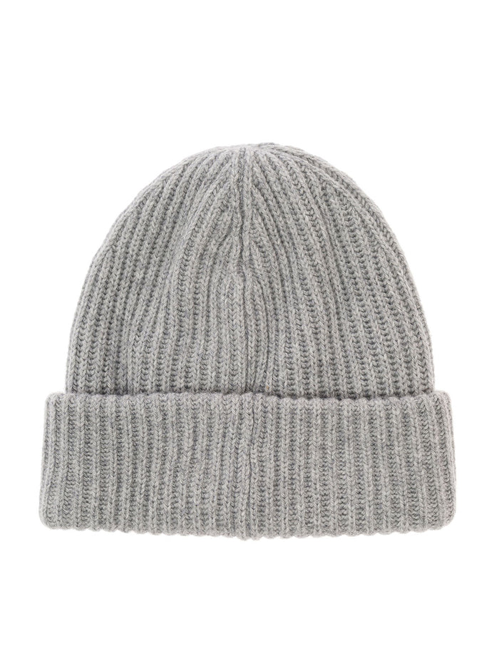 Grey Fisherman Rib Beanie With Logo Patch Wool Blend Woman Hats And Gloves