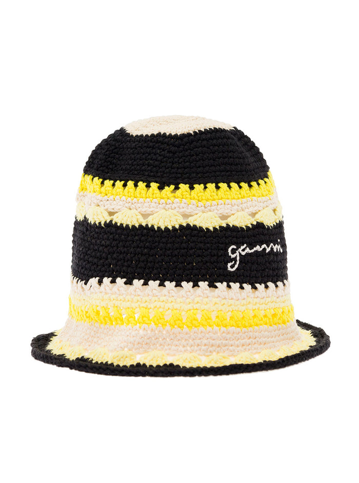 Multicolor Striped Buket Hat With Logo Embroidery Cotton Crochet Woman Organic And Gloves