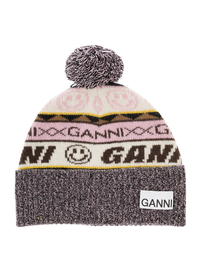 Violet Intarsia Logo Knitted Beanie Wool Blend Woman Rec Pa Hats And Gloves