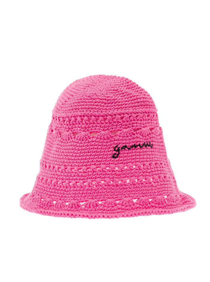 Pink Crochet Bucket Hat With Embroidered Logo Cotton Woman Organic And Gloves