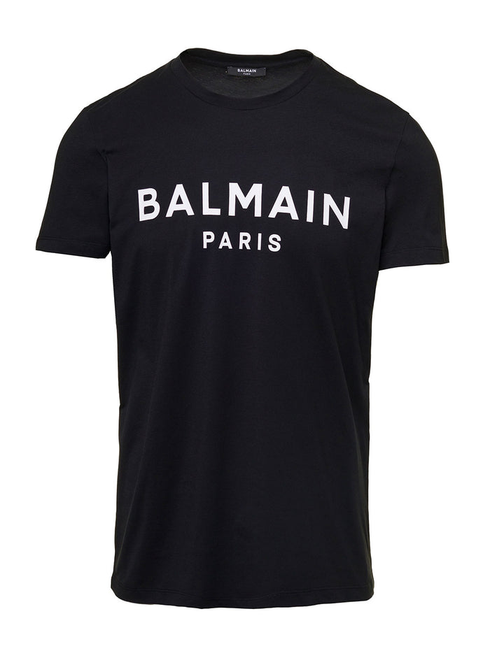 Black Crewneck T-Shirt With Contrasting Lettering Cotton Man Balmain Tshirts And Polo Shirts