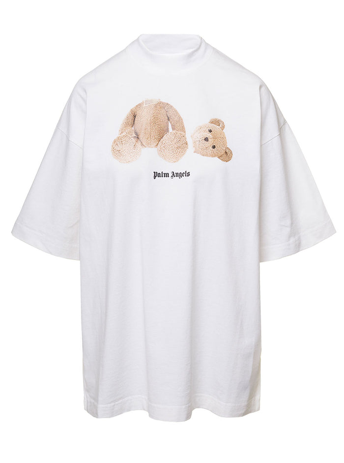 White Crewneck T-Shirt With Bear Graphic Print Cotton Woman Palm Angels Tshirts And Polo Shirts