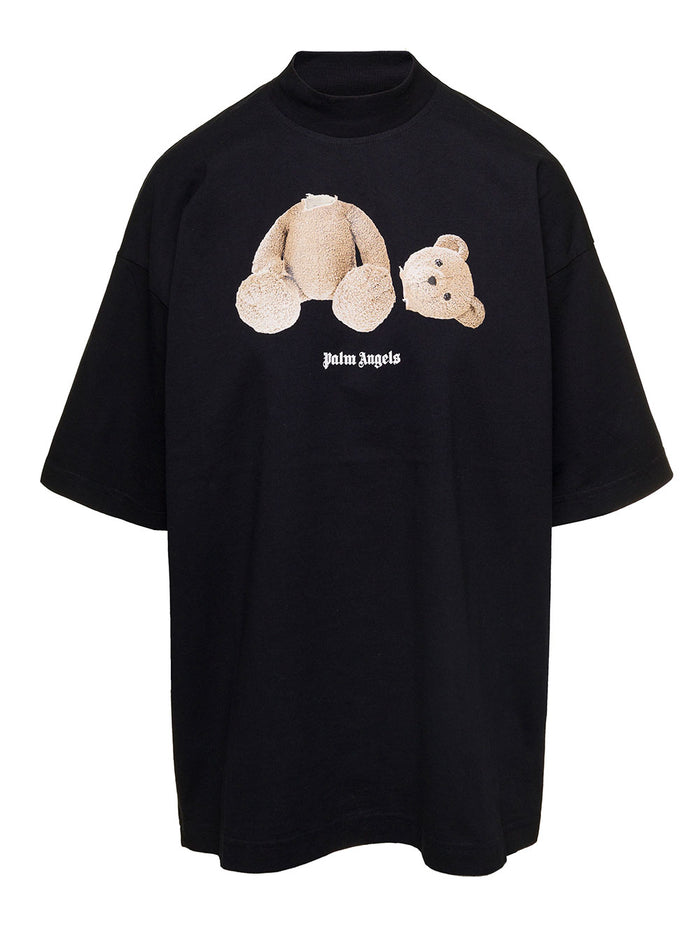 Black Crewneck T-Shirt With Bear Graphic Print Cotton Woman Palm Angels Tshirts And Polo Shirts