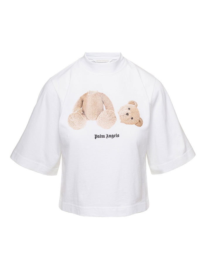 White Crewneck Crop T-Shirt With Bear Graphic Print Cotton Woman Palm Angels Tshirts And Polo Shirts
