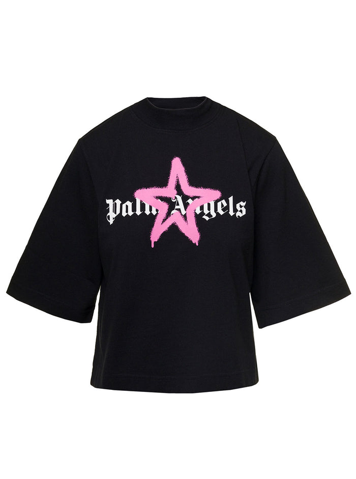 Black Crewneck Crop T-Shirt With Logo Print And Star Sprayed Cotton Woman Palm Angels Tshirts Polo Shirts