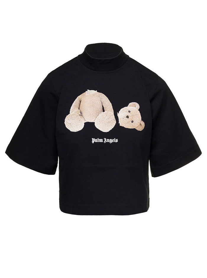 Black Crewneck Crop T-Shirt With Bear Graphic Print Cotton Woman Palm Angels Tshirts And Polo Shirts