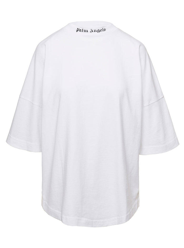 Oversized White T-Shirt With Lettering Print Cotton Woman Palm Angels Tshirts And Polo Shirts