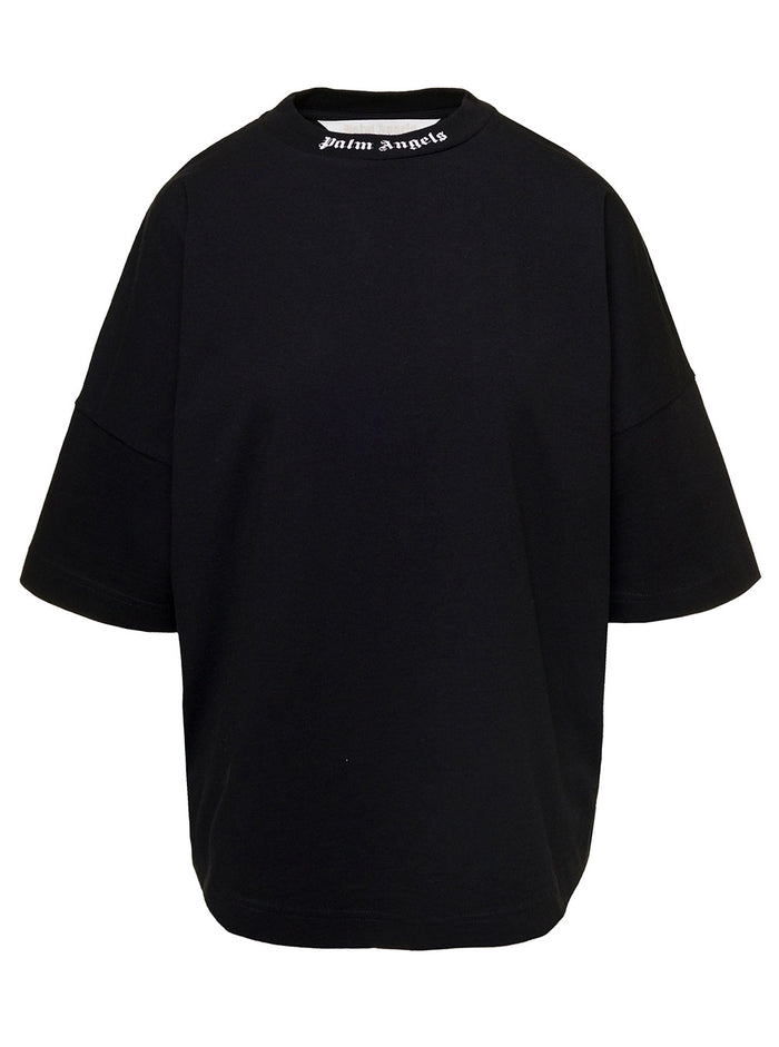 Oversized Black T-Shirt With Lettering Print Cotton Woman Palm Angels Tshirts And Polo Shirts