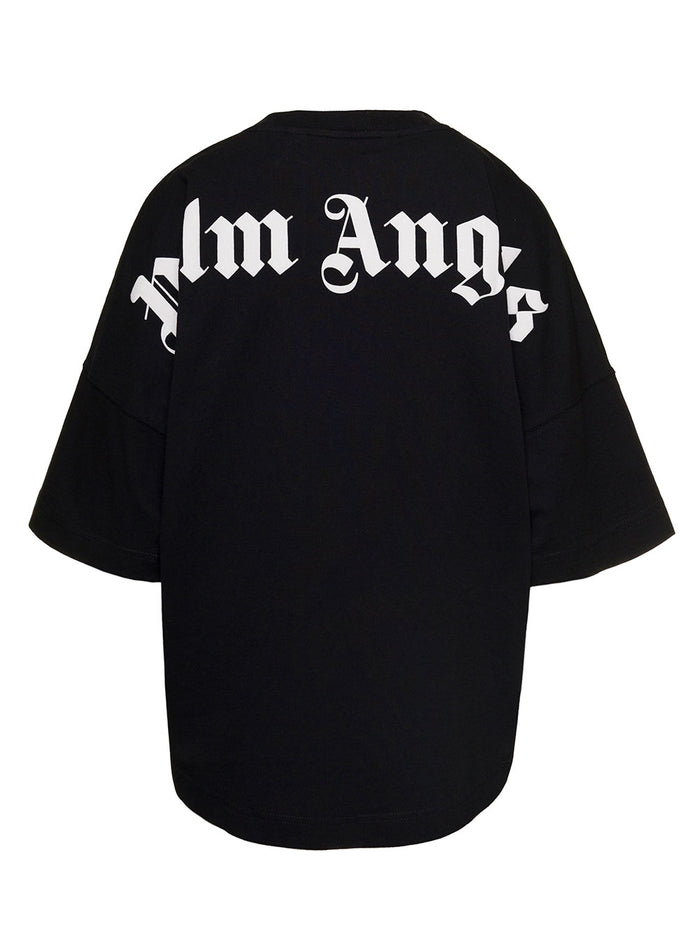 Oversized Black T-Shirt With Lettering Print Cotton Woman Palm Angels Tshirts And Polo Shirts