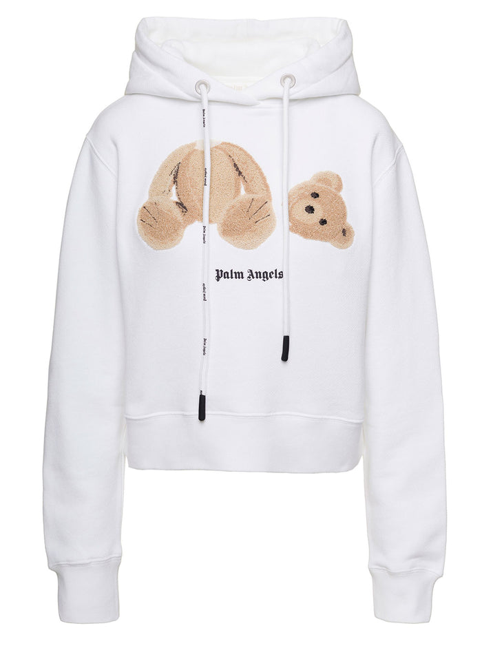 White Hoodie With Bear Graphic Print Cotton Woman Palm Angels Sweatshirts