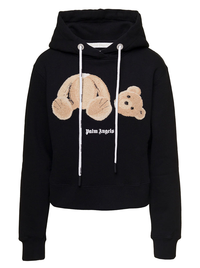 Black Hoodie With Bear Graphic Print Cotton Woman Palm Angels Sweatshirts