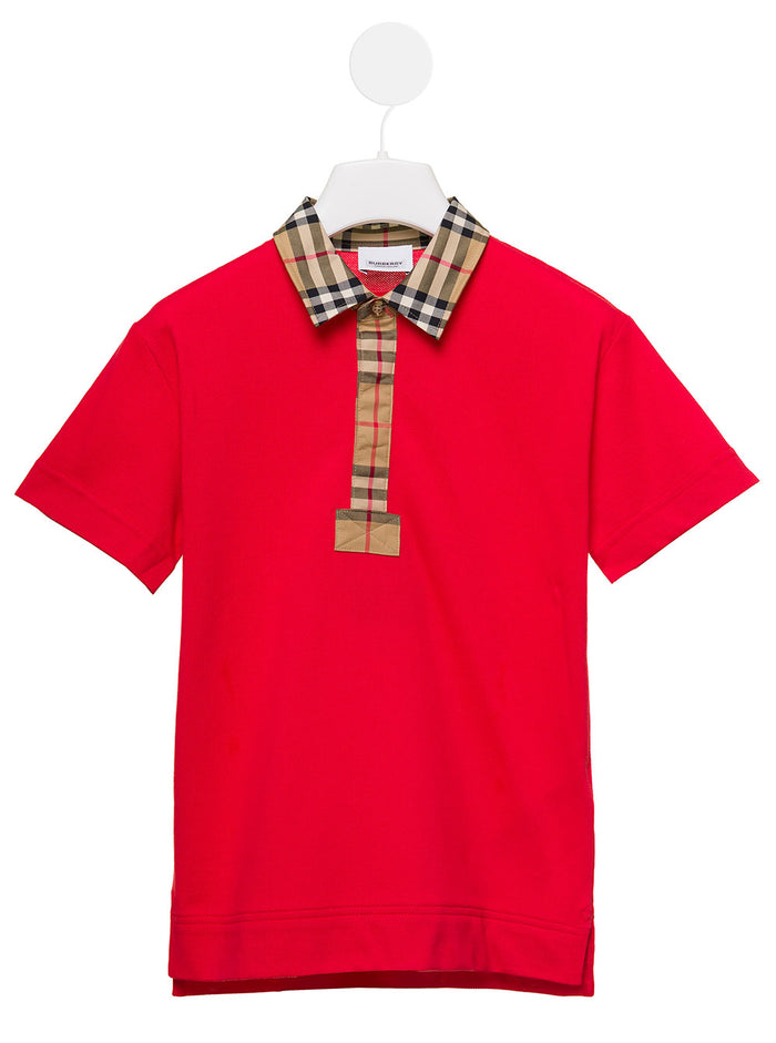 Red Polo With Vintage Check Print On Collar And Flap Cotton Boy Burberry Kids Tshirts Shirts