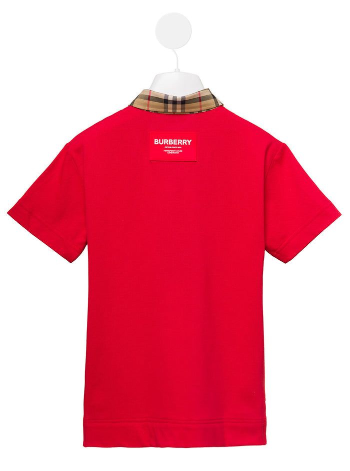 Red Polo With Vintage Check Print On Collar And Flap Cotton Boy Burberry Kids Tshirts Shirts