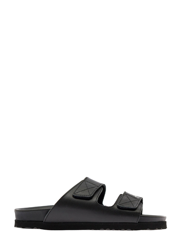Slides With Logo And Touch Strap Black Leather Woman Calf Flat Shoes