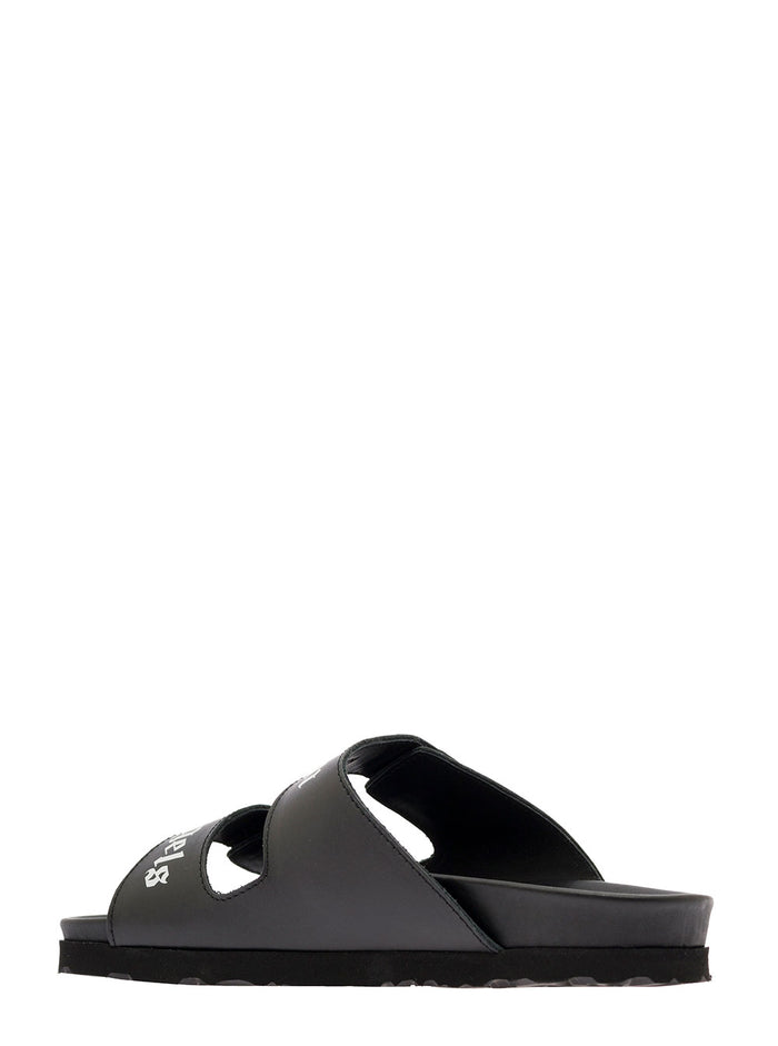 Slides With Logo And Touch Strap Black Leather Woman Calf Flat Shoes
