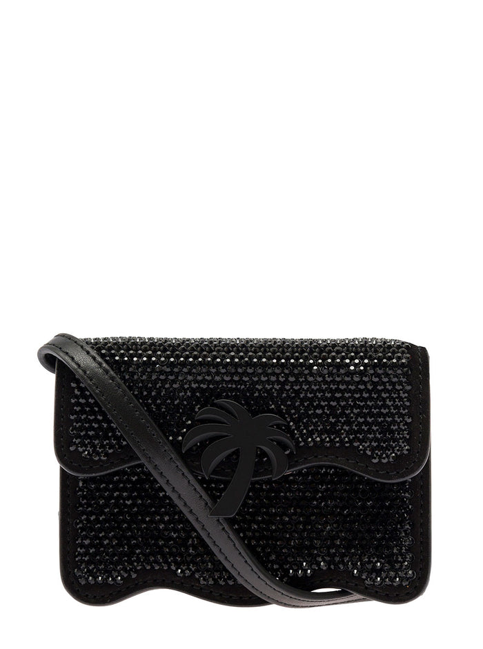 Palm Beach Micro Party Crossbody Bag With Rhinestone Embellishment Black Leather Woman Calf