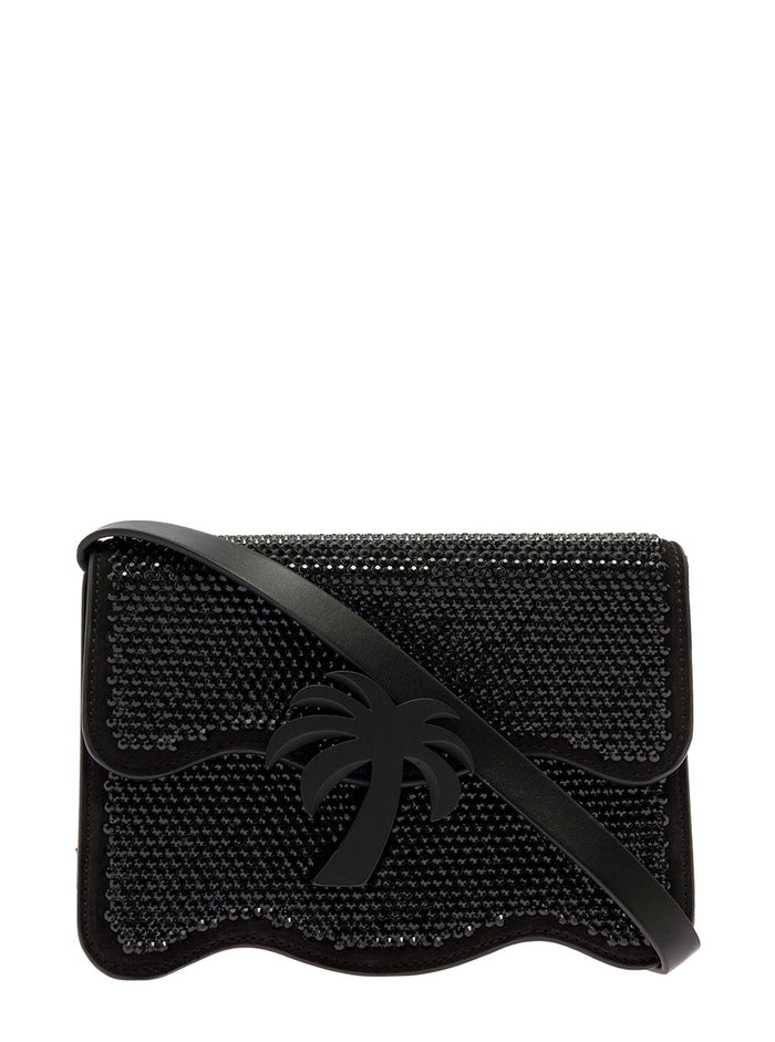 Palm Shoulder Bag With All-Over Crystal Embellishment Black Leather Woman Calf Crossbody