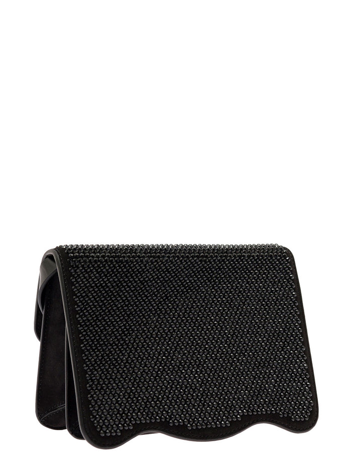 Palm Shoulder Bag With All-Over Crystal Embellishment Black Leather Woman Calf Crossbody